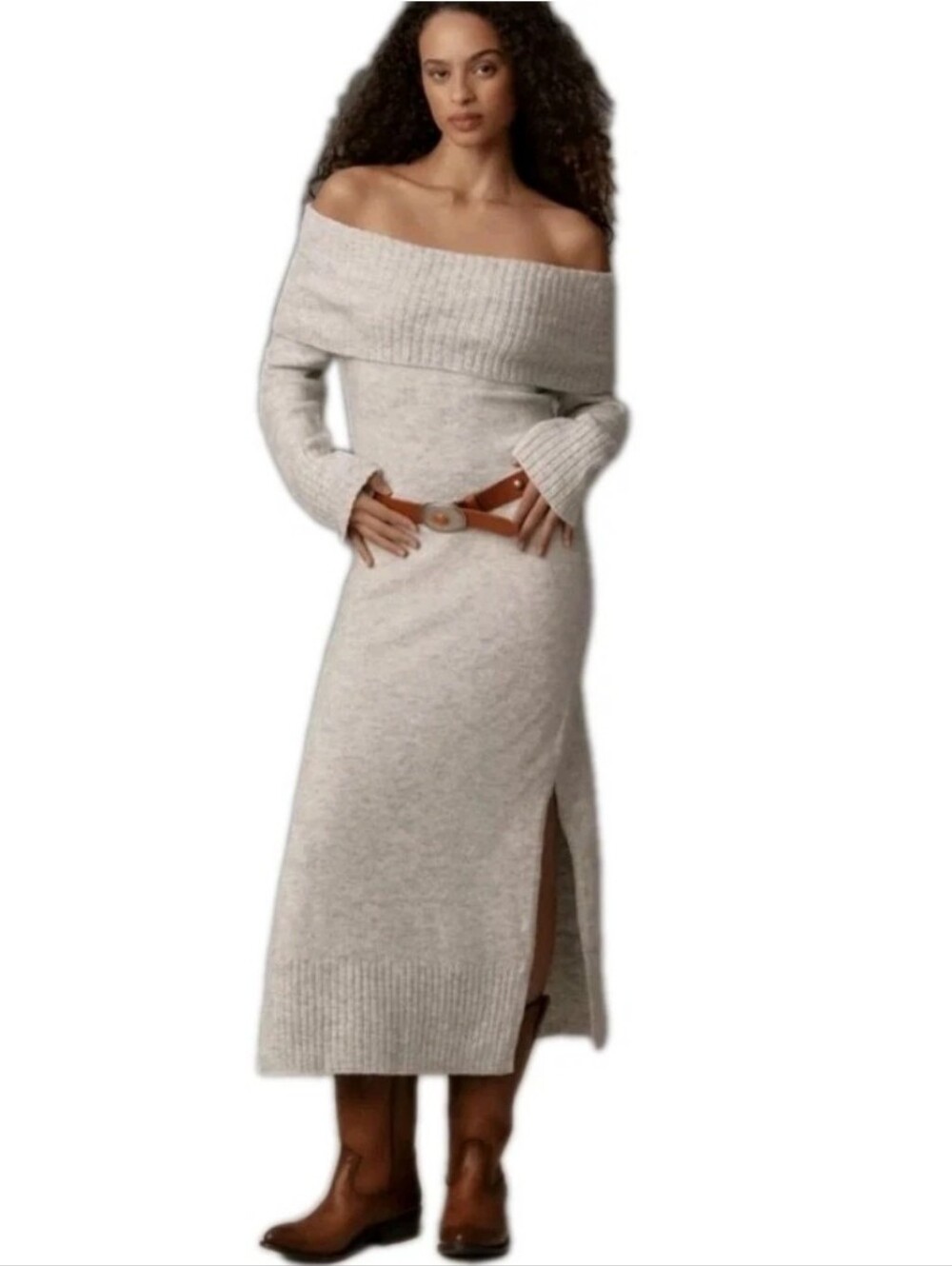 Daily Practice Off Shoulder Foldover Plus Sweater MidiDress Heather Grey Sz: 2X